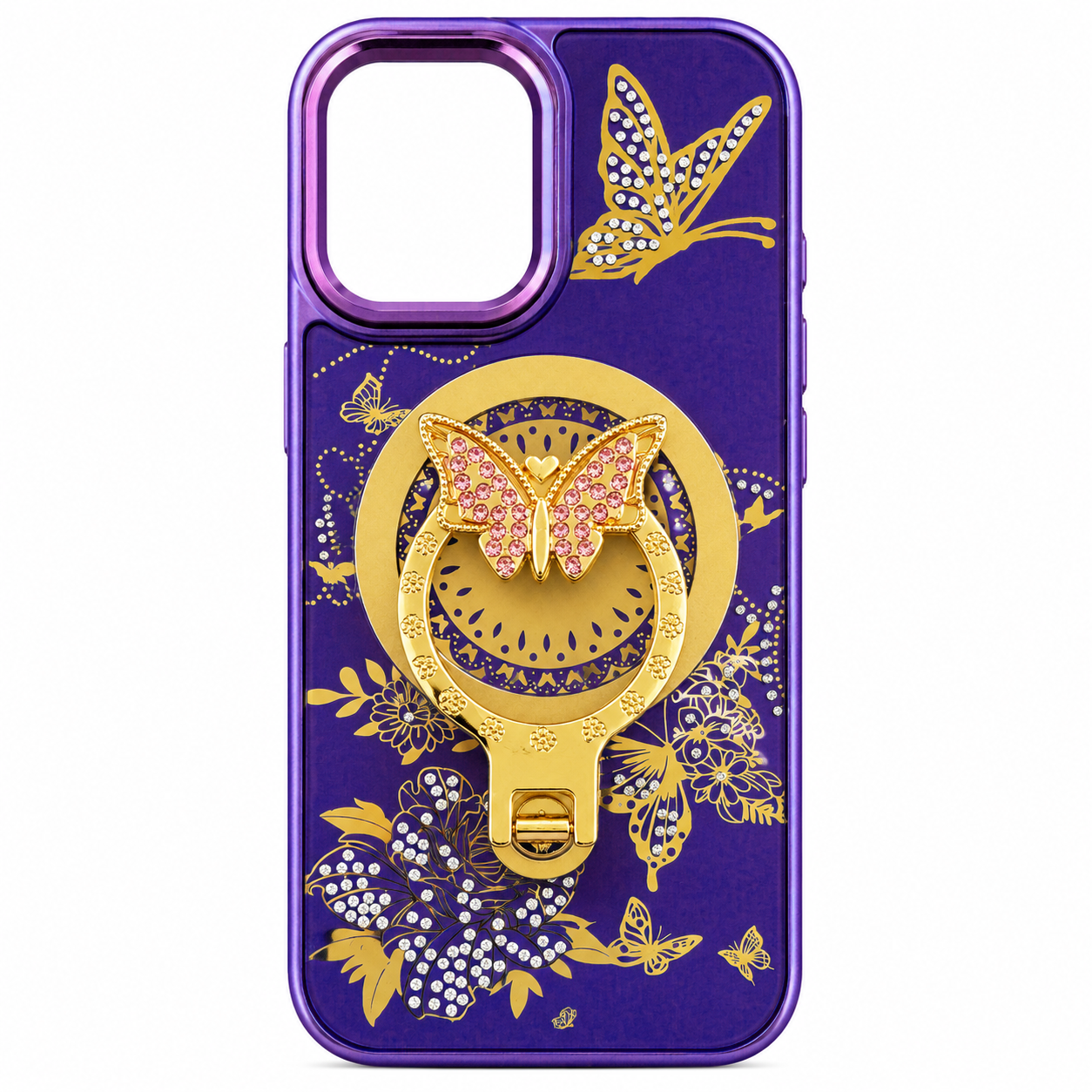Glitter Sparkle Butterflies Ring Stand Bling Diamond Kickstand Shockproof Protective Cover in purple, compatible for IPHONE 17